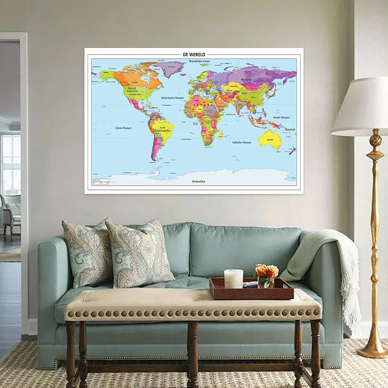 150*100cm Map of The World In Dutch Detailed Poster Non-woven Canvas Wall Art Picture Office Home Decoration School Supplies