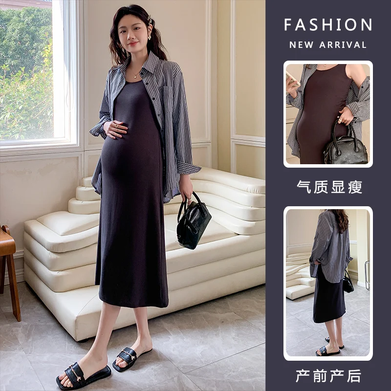 Pregnant Women Spring Autumn Suit Dress New Loose Suspender Shirt Two-piece Maternity Dresses Set