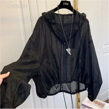 Jackets Women Hooded Summer Sun-proof Zipper Coats Thin Loose See Through Outerwear Breathable Outwear Lightweight Clothes Black 1