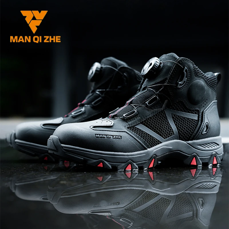 FEHER Motorcycle Boots Summer Breathable Cowhide Material Riding Shoes MQZ-604 Non-slip Rotating Lace Up System Motorbike Boots