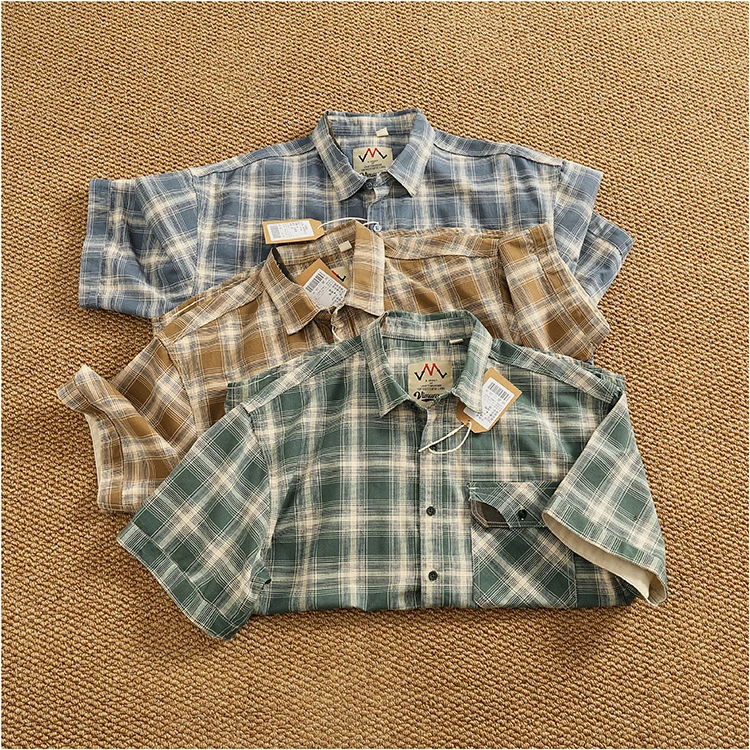 Men’s Cotton Plaid Short Sleeve Casual Work Shirt - Front View