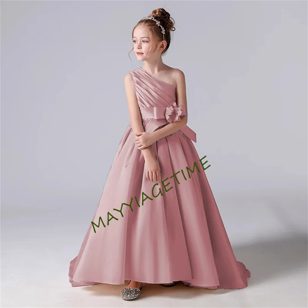 

One Shoulder Girl Dresses For Wedding Party Ball Gown Satin Pleated Princess Junior Concert Birthday