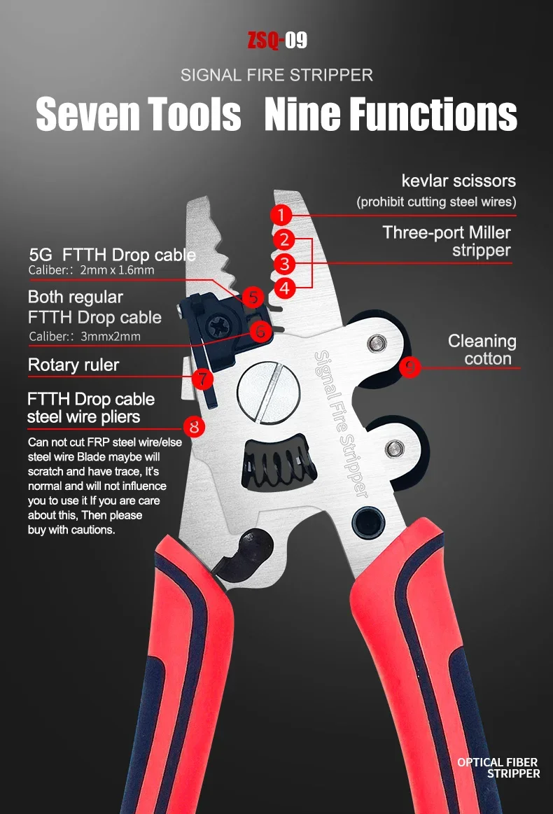 FTTH 9 in1 Stainless Steel Stripping Pliers Multifunctional Fiber Optic Strippin