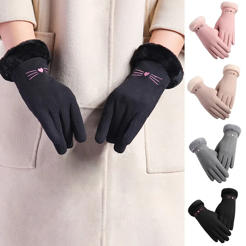 Winter Female Winter Lace Warm Cashmere Cute Cat Mittens Suede Thicken Plush Full Finger Wrist Touch Screen Driving Gloves warm gloves lace gloves cat gloves