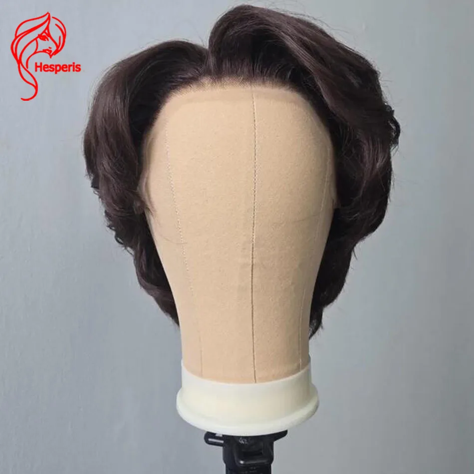 헤스페리스 브라질리언 레미 남성용 가발 프리플럭드 내추럴 웨이비 픽시컷 다크 브라운 딥 파트 레이스 프론트 프리스타일드 인모 가발
