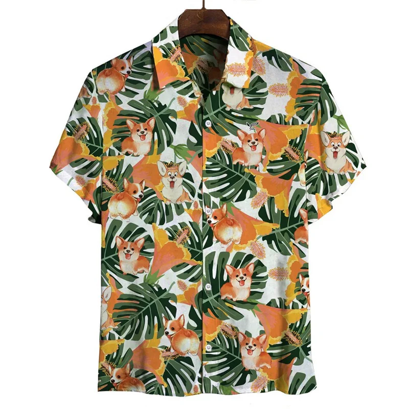 thumbnail image 1 of Camisa hawaiana con estampado 3D de perro Corgi de dibujos animados para hombre, blusa de manga corta con botones y solapa para verano, 1 of 4