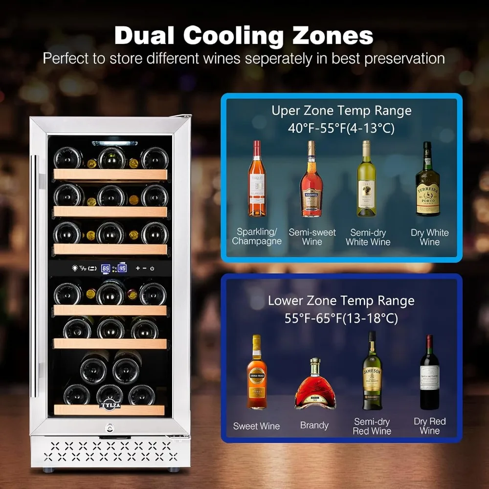 Mini Fridge 15 Inch Wine Cooler Under Counter, 30 Bottle Dual Zone Wine Fridge with Stainless Steel, Refrigerator