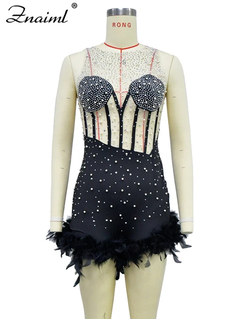 Znaiml Luxury Rhinestone Pearls Diamonds Feathers Mesh See Through