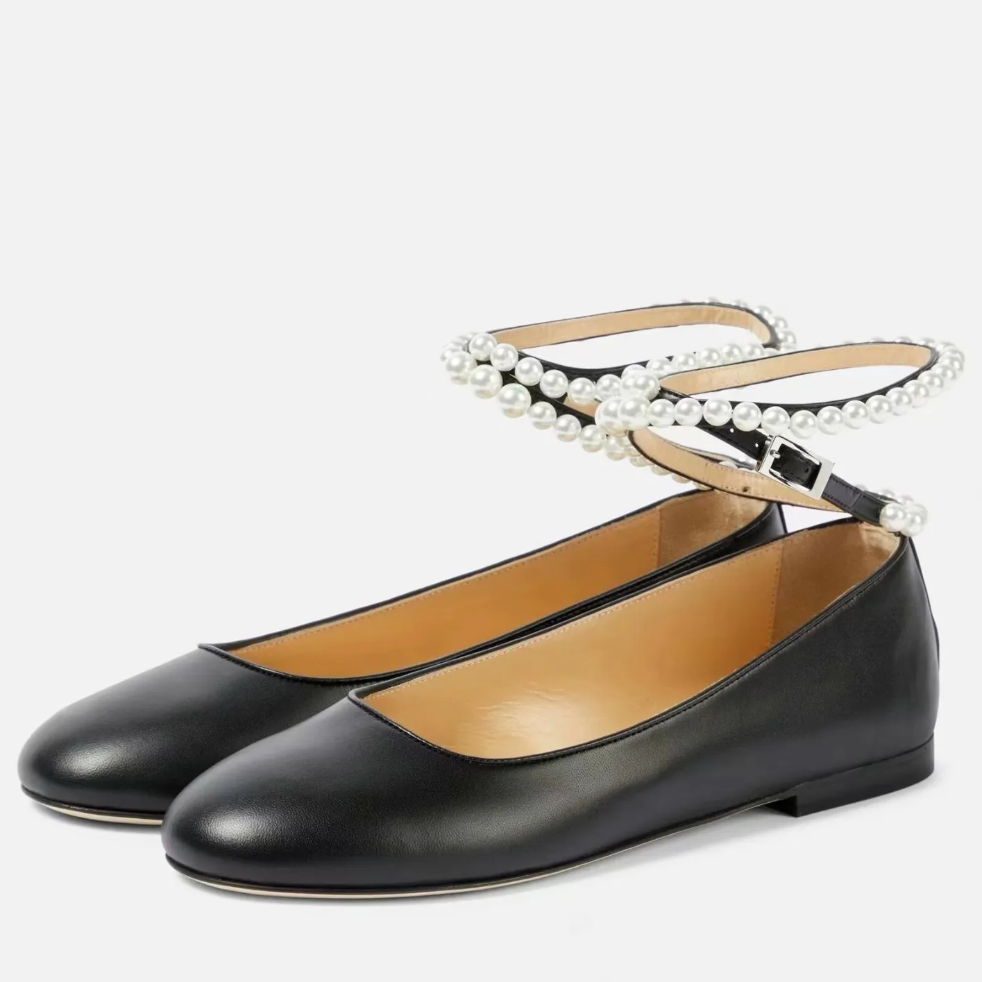 New Round Head Shallow Mouth Pearl Chain Straight Line Mary Jane Shoes Belt Buckle Low Heel Large Size Single Shoes