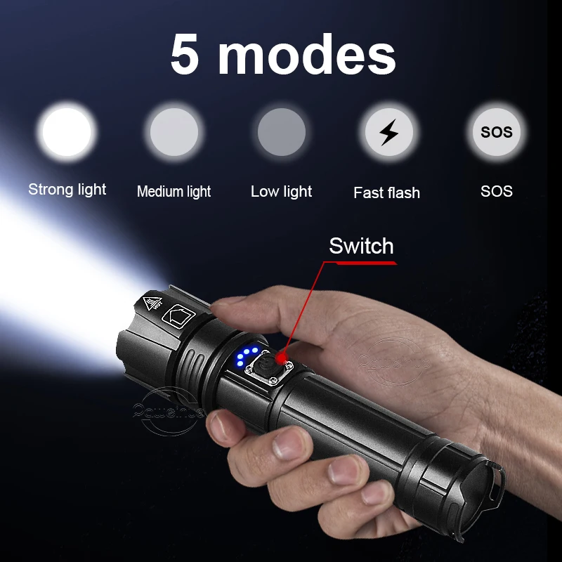 고출력 LED 손전등 C타입 충전식 휴대용 초강력 LED 토치 램프, 야외 비상 캠핑 낚시 랜턴