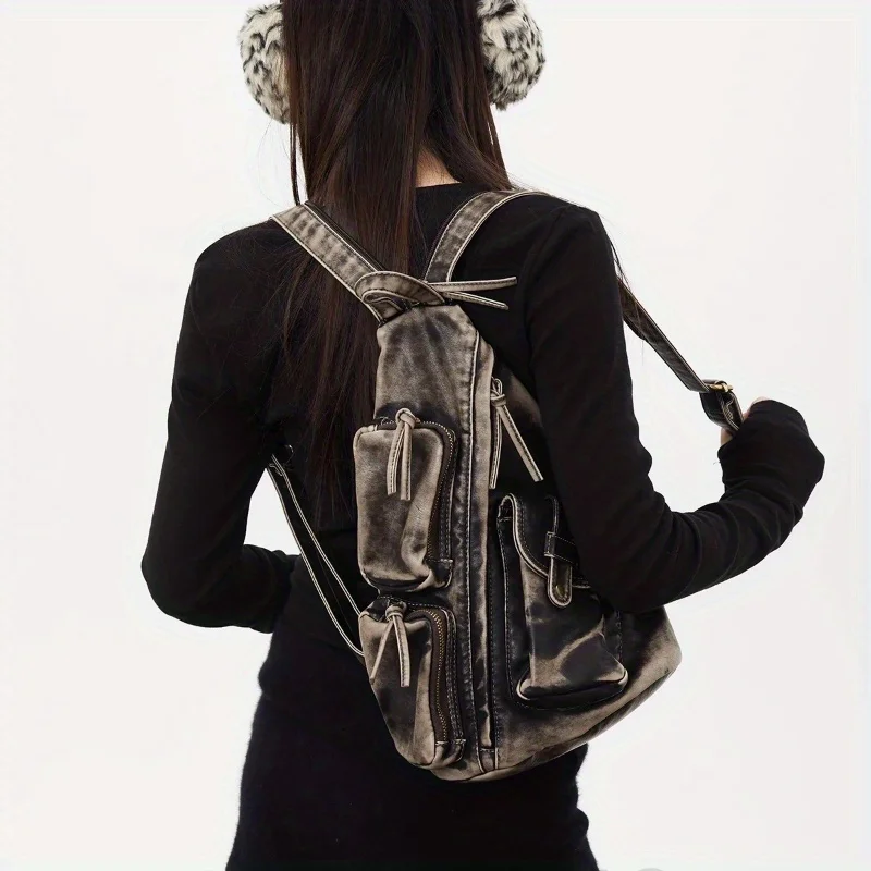 Mochila vintage desgastada de piel vegana lavada con múltiples bolsillos para mujer LinDeJuan
