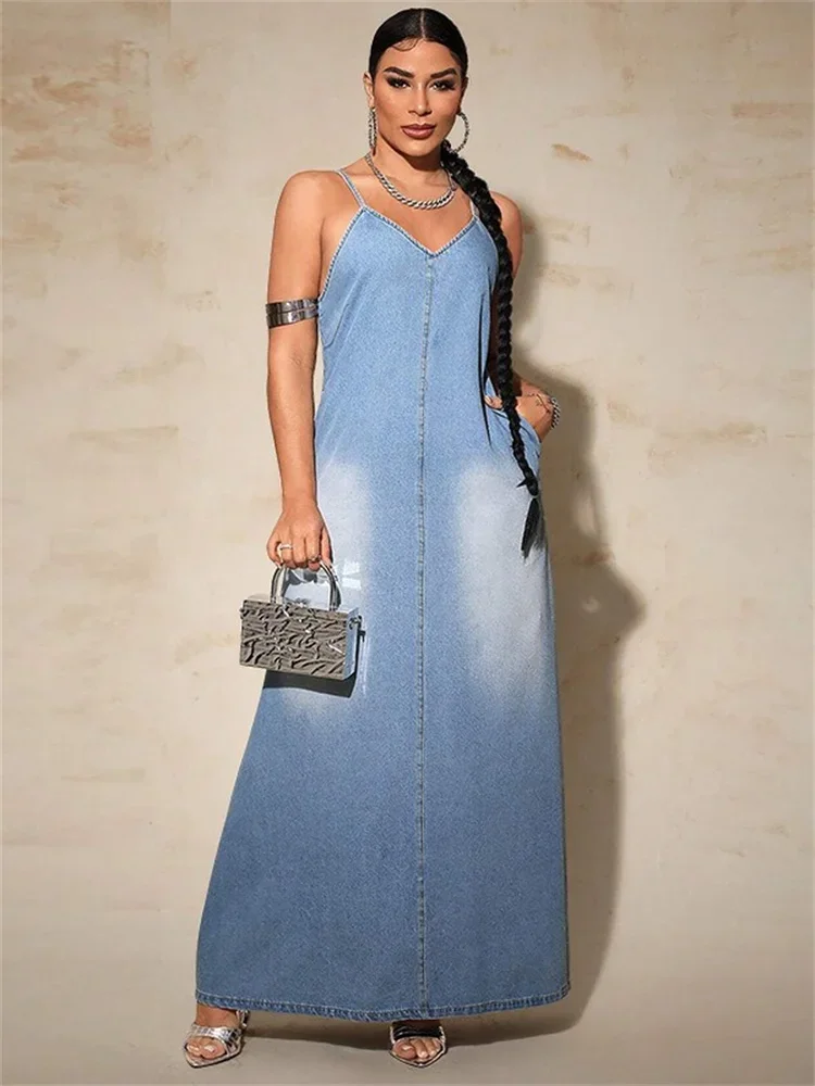 Wmstar Plus Size Denim Dresses for Women Summer Slip Short Sleeve Casual Loose V Neck Maxi Dress Wholesale Dropshipping New