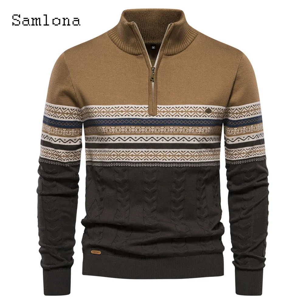 

2024 New Knitting Sweaters Winter Plush Jumpers Mens Long Sleeve Zipper Top Pullovers Casual Retro Striped Basic Sweater hommes