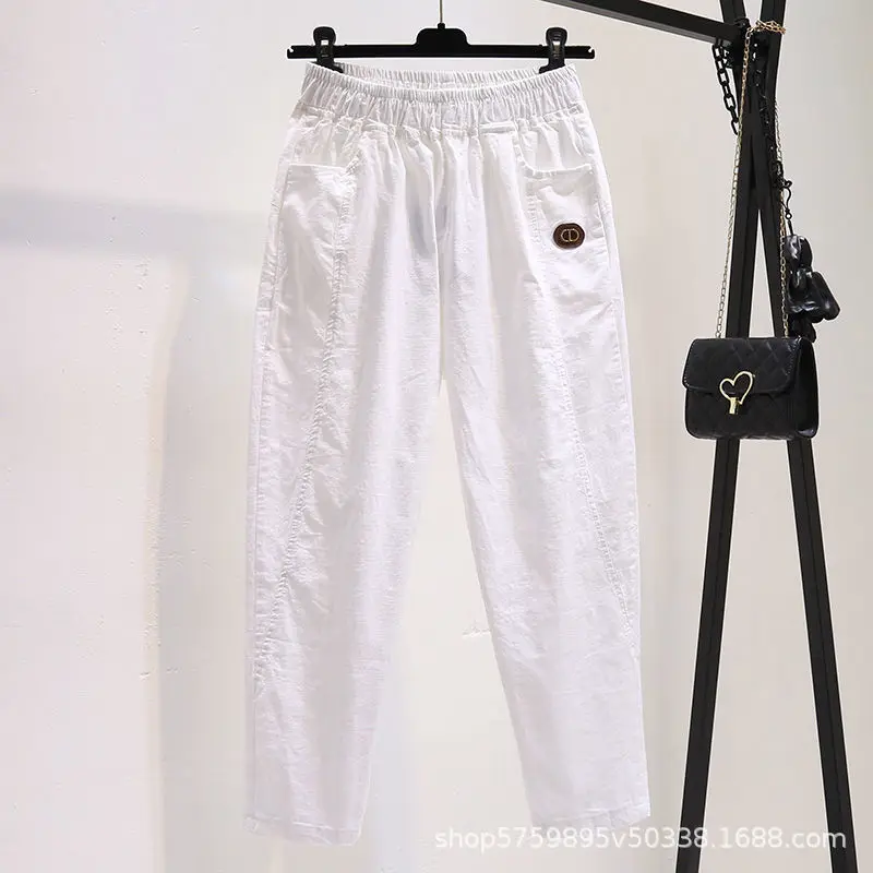 Spring Women New Loose White Thin Style Straight Cylinder High Waisted Pure Cotton Solid Color Elastic Waist All-match Trousers