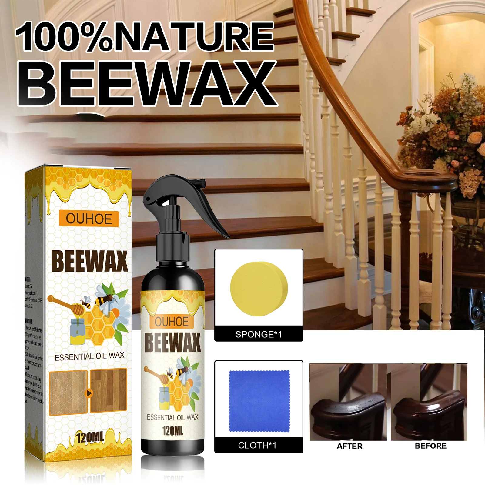 Natural Beeswax Furniture Polish Spray for Wood Care