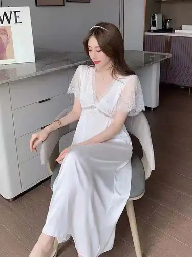Lisacmvpnel-코트 스타일 레이스 나이트 드레스, 여성용 긴 기장, 탈부착 가능한 가슴 패드가 있는 나이트 웨어, 반팔 잠옷 4