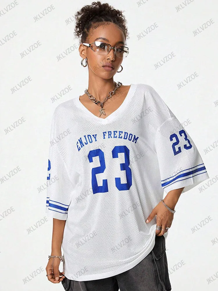 Summer New Black Enjoy Freedom 23 Print T-Shirt For Women V-Neck Short Sleeve Mesh Sports Football Jersey Y2K Oversized Tops 3