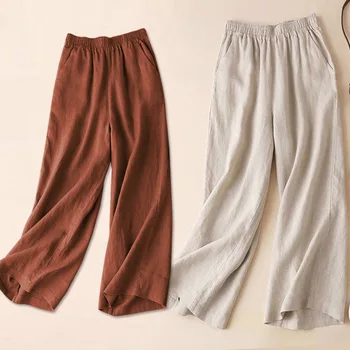 Women Cotton Linen Wide Leg Pants Female Summer Pants Full Length Casual Pants Fashion Solid Loose High Waist Straight Trousers 1