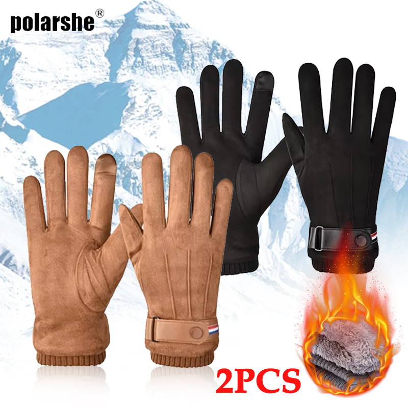 Men's Winte Rперчатки Suede Warm Split Finger Gloves Outdoor Thickened Driving Buckle Ski Male Touch-screen Windproof Mittens - Gloves & Mittens