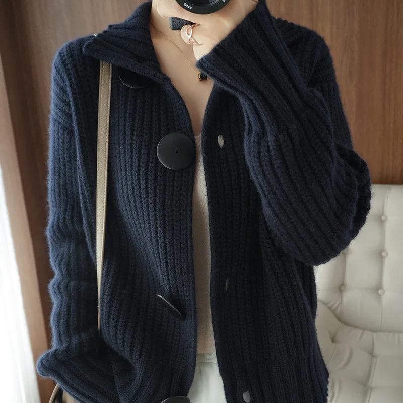 Navy Blue Long Sleeve Knitted Cardigan Sweater for Autumn Winter