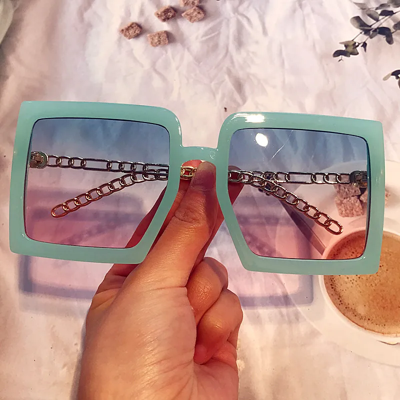 Blue Pink Chain Leg Square Sunglasses For Women Vintage New Brand