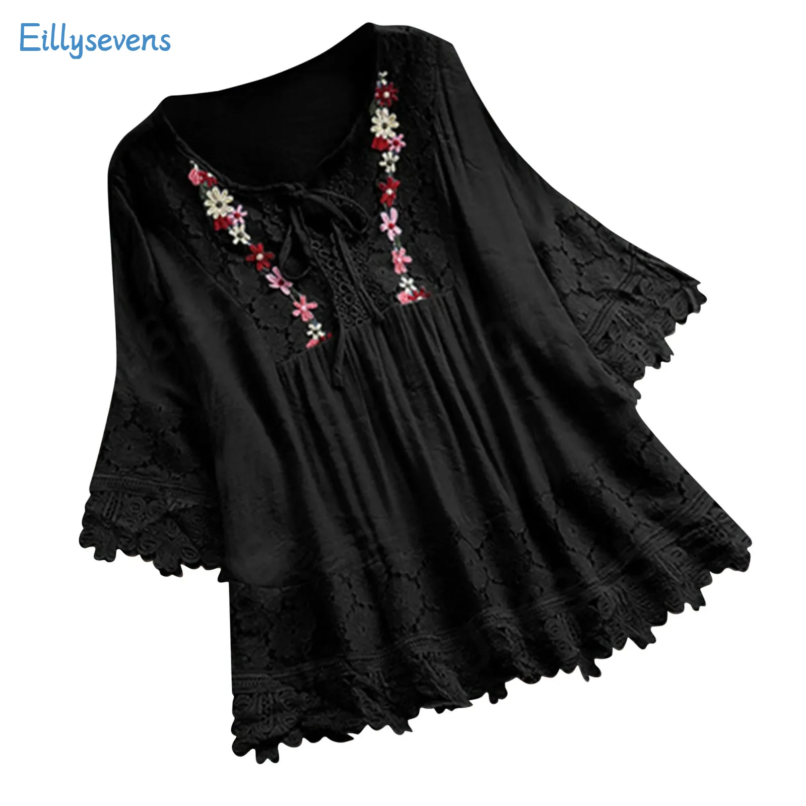 

Женская летняя новая блузка, модные трендовые кружевные топы со шнуровкой и круглым вырезом, повседневные свободные топы со средним рукавом и цветочной вышивкой