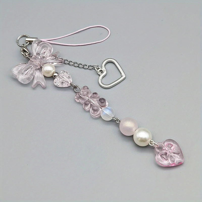 Charming Pink and Silver Bow & Heart Keychain Pendant - Cute Accessory