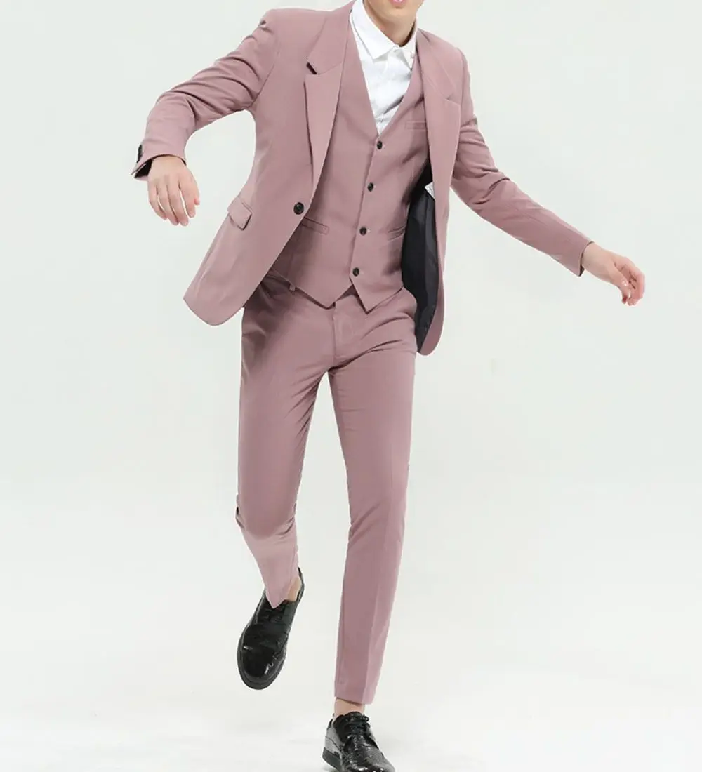 Pink Mens Suits Groom Tuxedos Groomsmen Men Suit Wedding Party Suit Costume Homme Best Man Wear 3 Pieces Suit(Jacket+Pants+Vest)