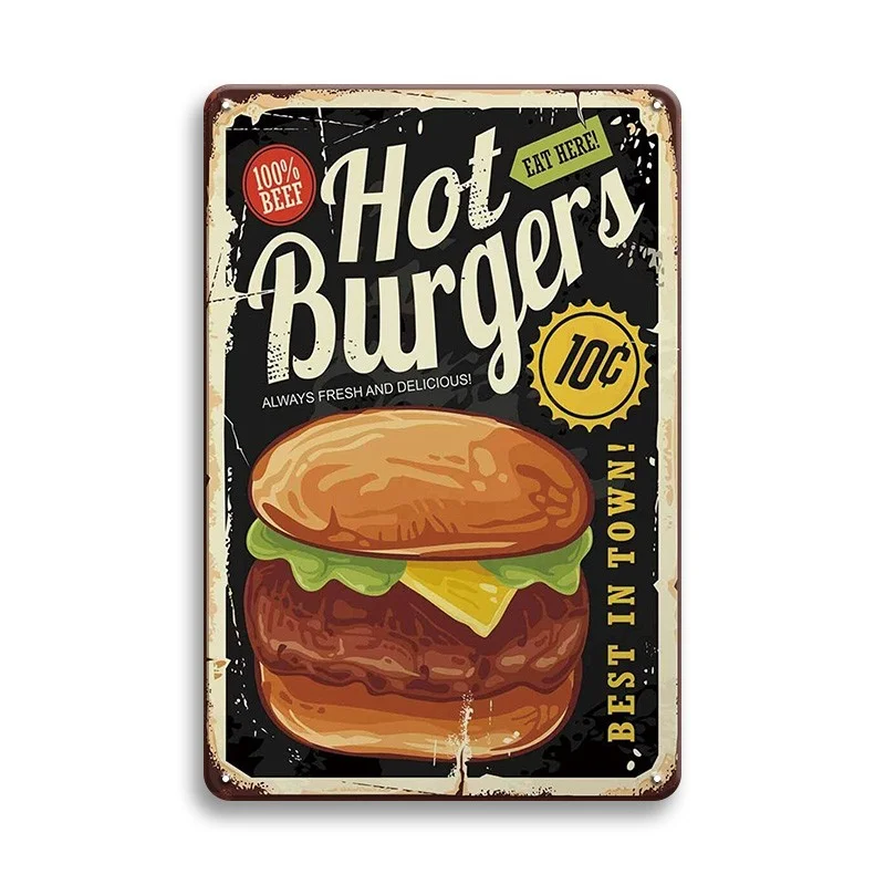 thumbnail image 1 of Letreros de hojalata de metal con hamburguesas frescas de Hot Dog, carteles vintage de barbacoa, decoración de pared para el hogar, cocina, pintura de placa de hierro, placas de tienda de comida rápid, 1 of 5