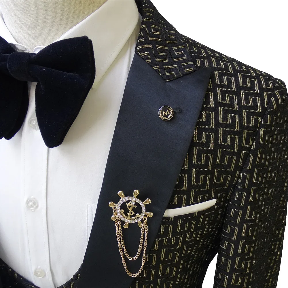 Black and White Men's Suit 3-piece Gold Palace Print Road Wedding Costume Men Clothing  Wedding Suits for Men