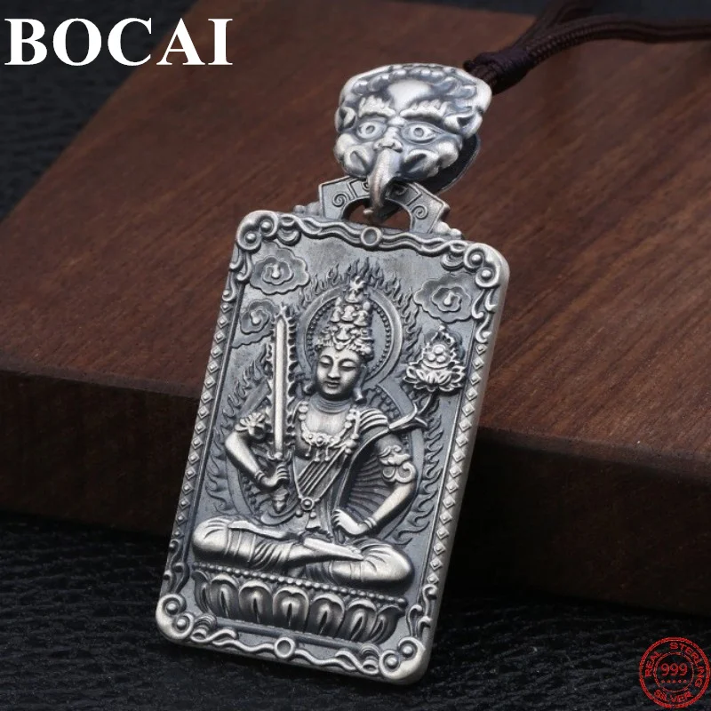 

BOCAI S999 Sterling Silver Pendants for Women Men Chinese Zodiac Life Guardian Buddha Pure Argentum Square Amulet Free Shipping