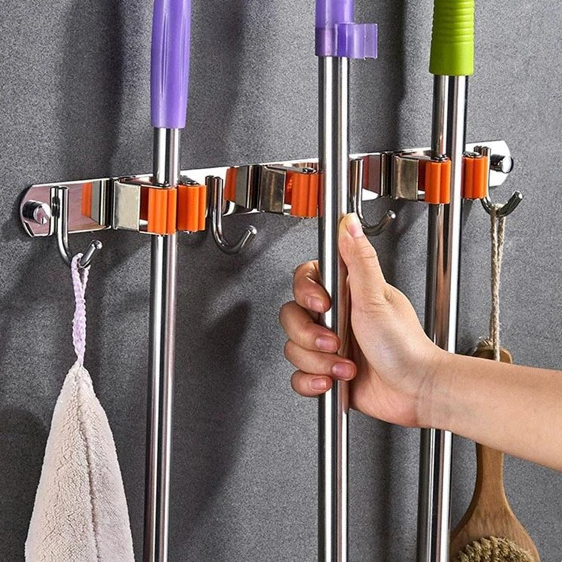 

Stainless Steel Mop Holder Shower Hook Wall Hanging Rack Free Punching Bathroom Balcony Broom Hangers Organizer Storage Racks