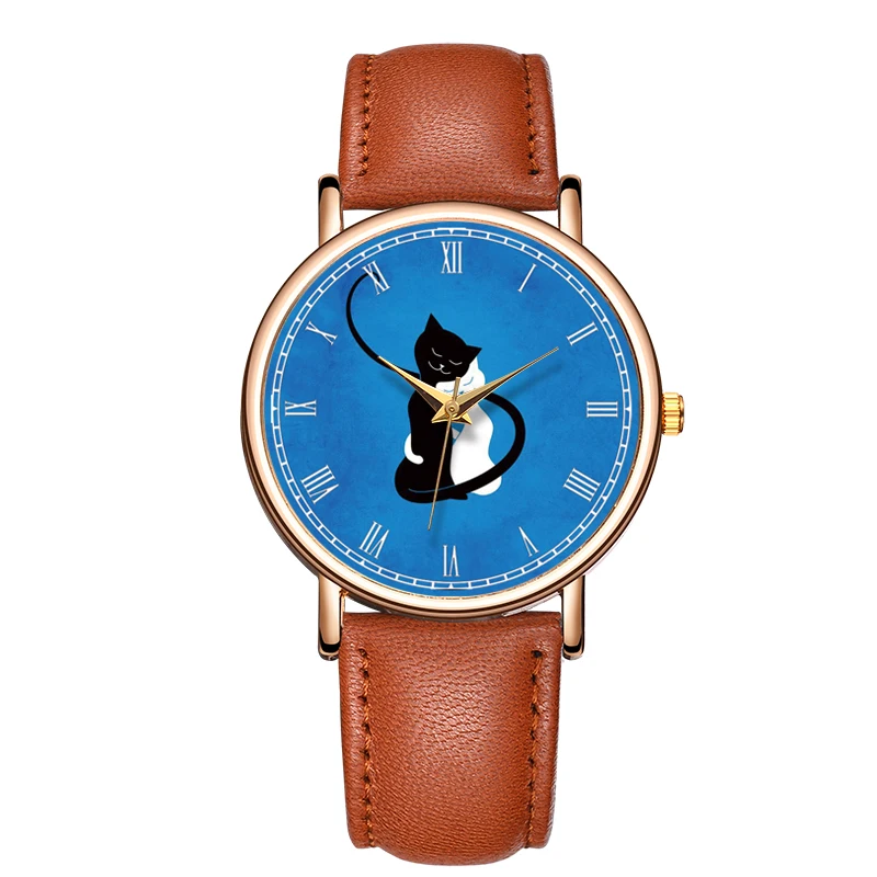 Fashion Quartz Watch For Girl Casual Blue Background White And Black Cat Wristwatch Cartoon Waterproof Real Leather Watch 2