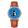 Fashion Quartz Watch For Girl Casual Blue Background White And Black Cat Wristwatch Cartoon Waterproof Real Leather Watch 2