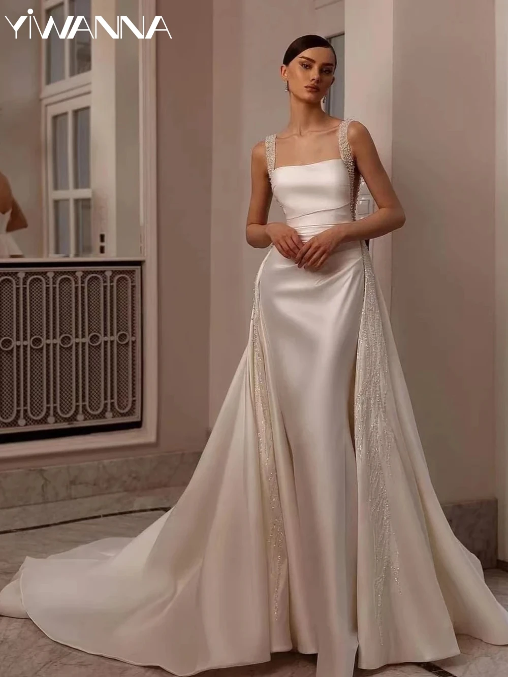 

Скромное свадебное платье с квадратным вырезом, блестящее свадебное платье с жемчугом и блестками, элегантное женское свадебное платье, платье для невесты