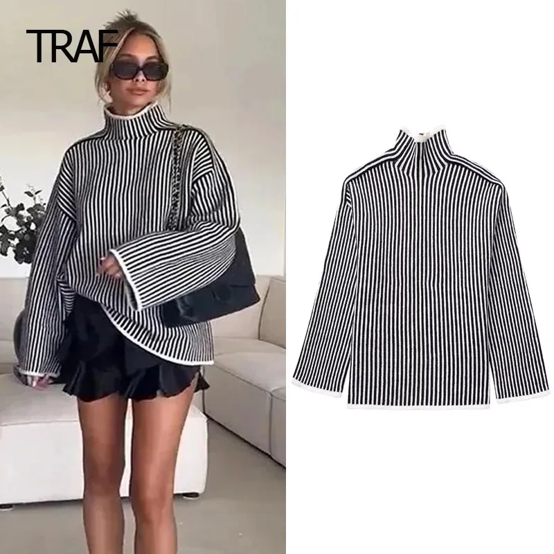 

TRAF Striped Knit Sweater Woman's Sweater Autumn Winter Turtleneck Pullover Long Sleeve Top Korean Style High Quality Knitwear