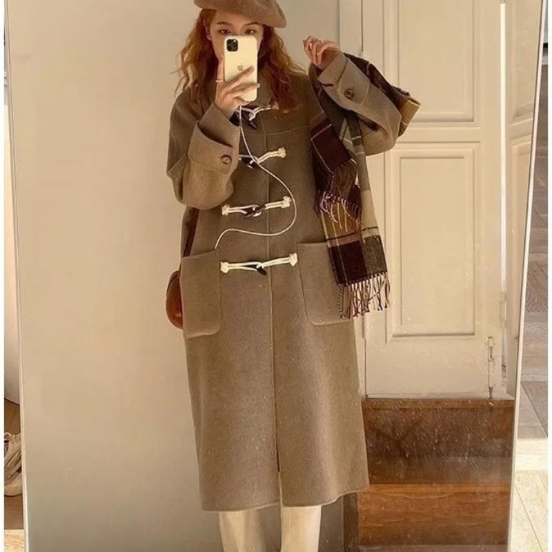 2023 Autumn Winter New Female Students Loose Thin Horn Buckle Small Medium Long Commuter Thick Warm Loose Wool Coat Tide