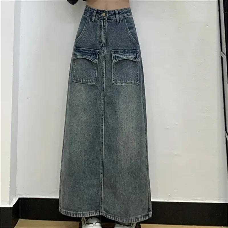 

Spring Autumn Retro High Waisted Denim Skirt Women 2024 Summer Cowboy Skirt New Double pockets Jeans Slit Slimming Wrap Skirt