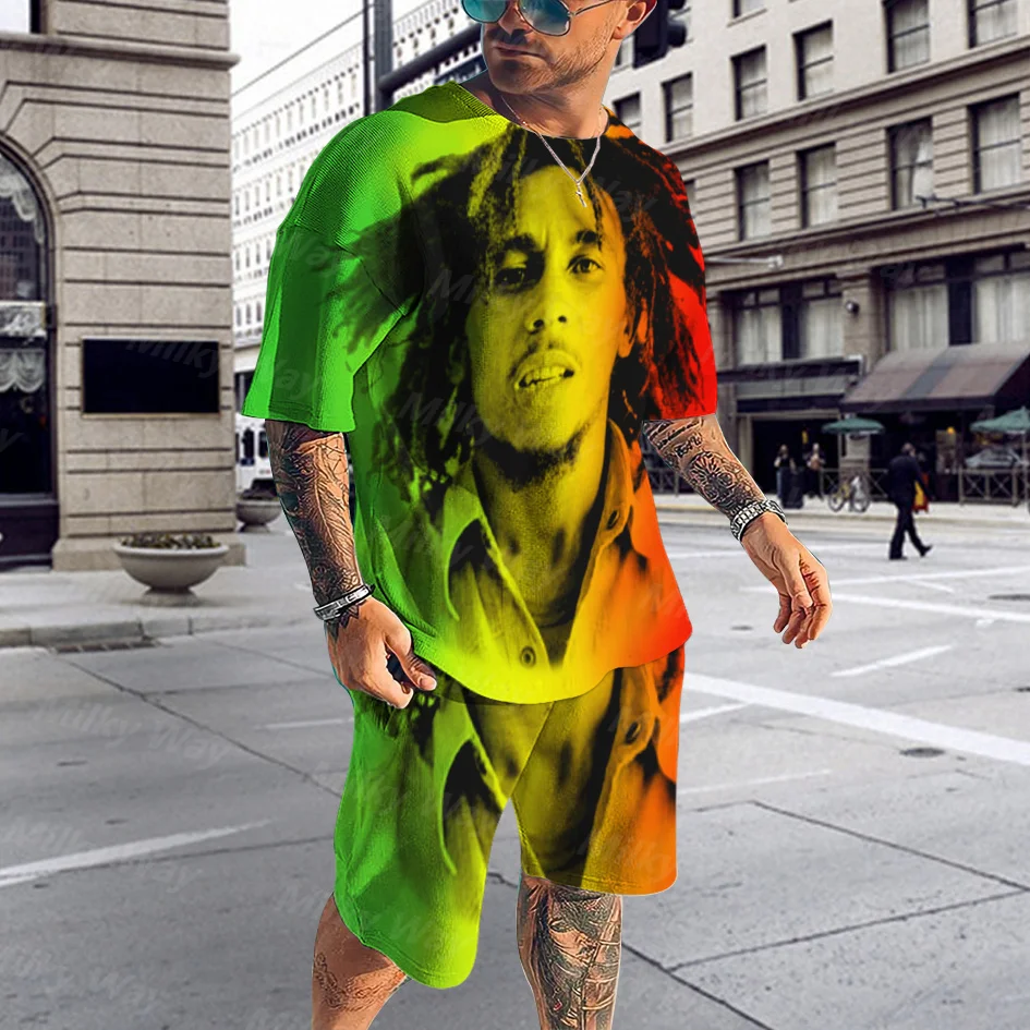 Men's Summer Bob Marley Tracksuit Reggae Music T-Shirt Shorts Set Casual Suit Fashion Outfit Male Hip Hop Streetwear One Love