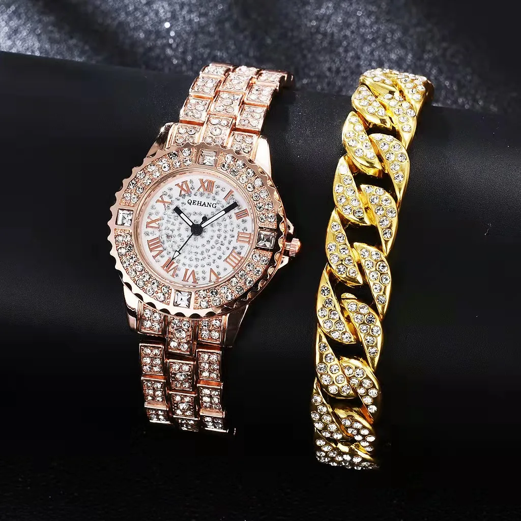 2PCS Simple Iced Out Watch Cubana Bracelet for Women Bling Bling Luxury Gold Watch Women Jewelry Wholesale Relojes Para Mujer