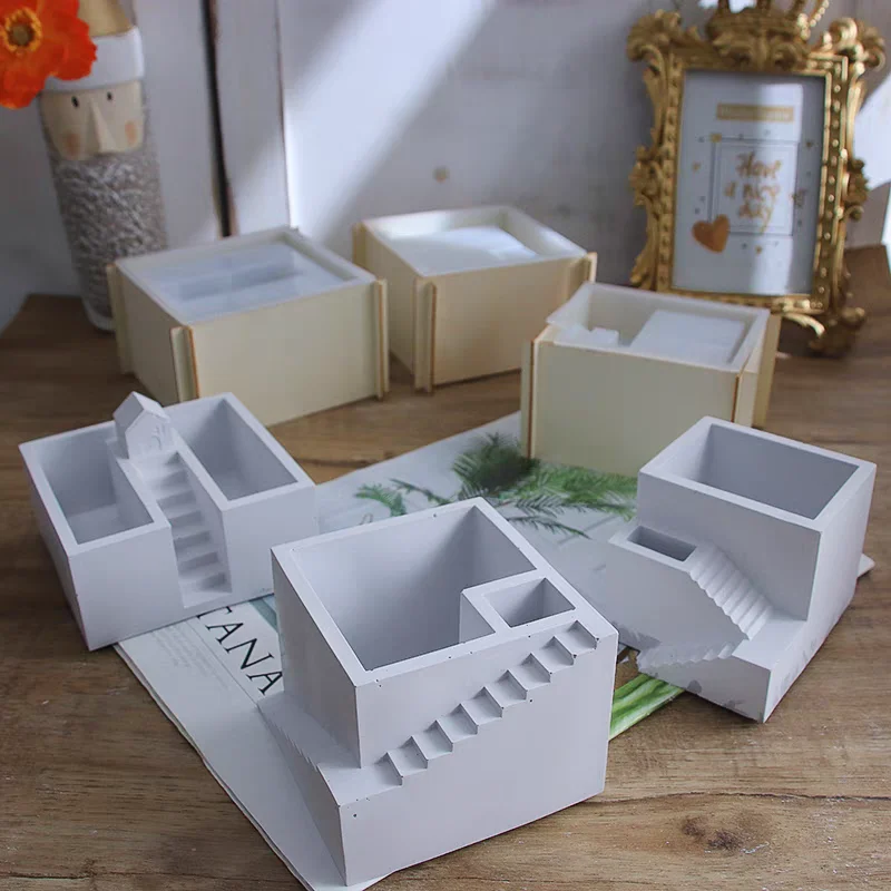 Square Stairs Shape Succulent Plants Pot Cement Clay Flowerpot Silicone Mold Concrete Candle Cup Gypsum Home Decor Molds