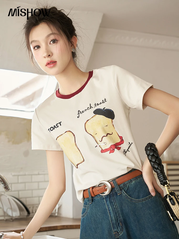 

MISHOW Women's T-shirt Short Sleeve 2023 Summer Letter Toast Printing O-Neck Tops Contrast Neckline Loose Casual Tees MXC39T0129