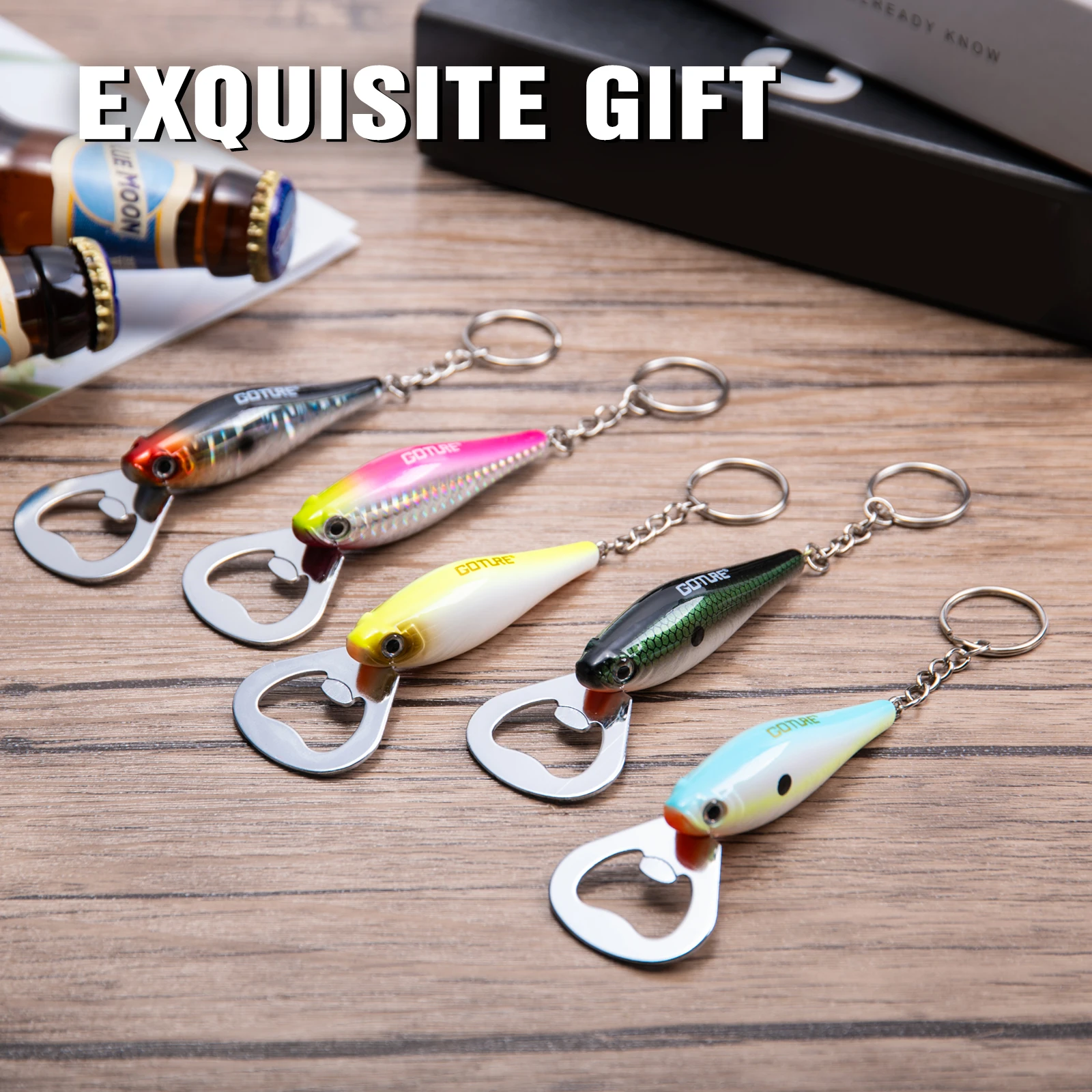 Goture Fishing Lure Shape Bottle Openner Waterproof Durable Exquisite Painting Realistic 3D Eye Openner With Key Ring Design fishing tools fishing accessories fishing tool fishing tackle