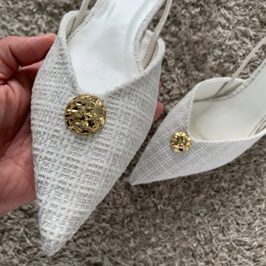 2025 Woman White Fabric High Heels Chic Metal Inlaid Slingback Kitten Heel Shoes Summer Elegant Female Office Low Heels Sandals 6
