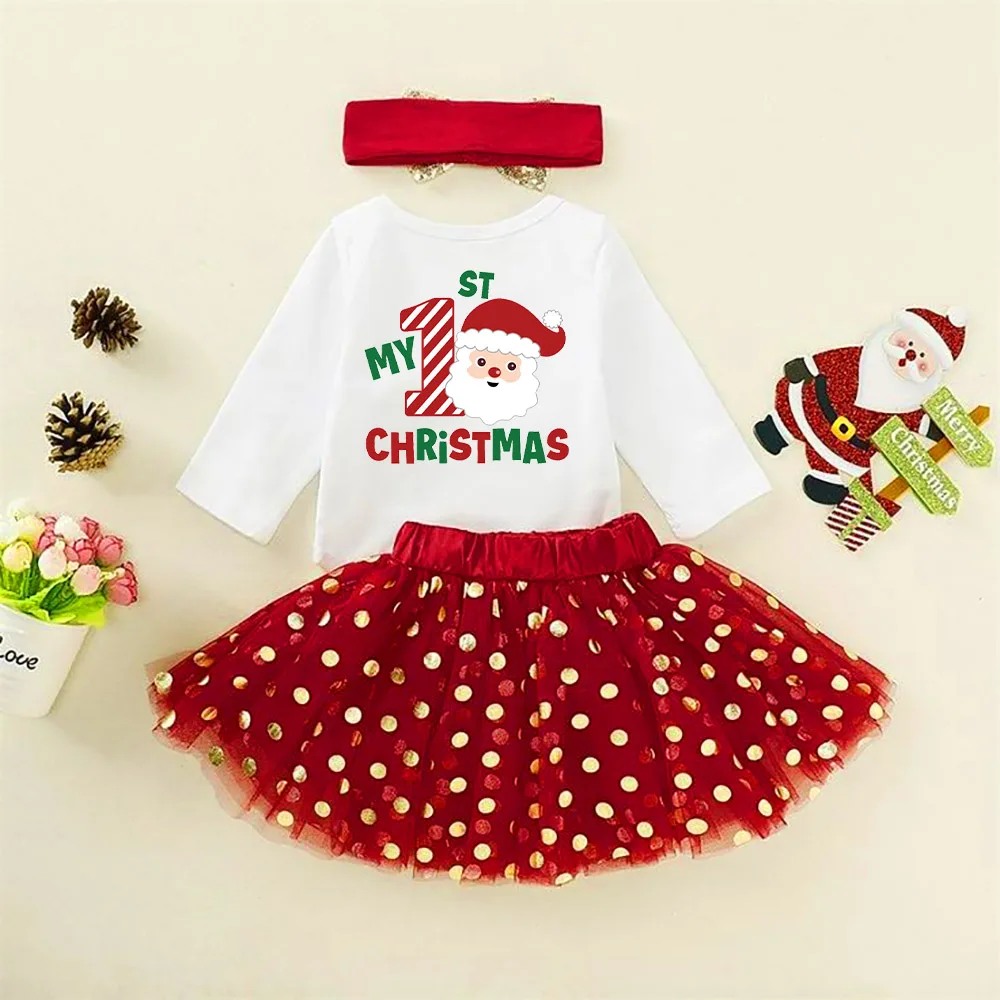 

My 1St Christmas Baby Bodysuit Cake Dresses Set Infant Girls Long Sleeve Playsuit Tutu Skirts Clothes Toddler Xmas Party Outfits