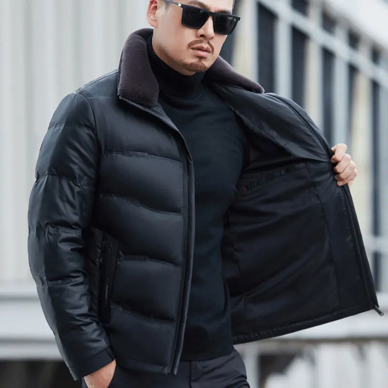 YX-6627 Men's Winter Genuine Leather Down Jacket White Duck Down Filling Thick Coat High-end Jacket Fashionable