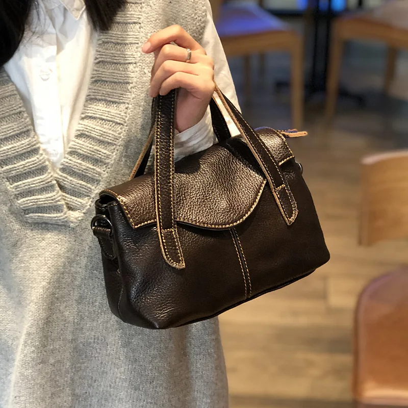 

2023 Fashion Headlayer Soft Cowhide Women's Bag Genuine Leather Handbag Retro Versatile One Shoulder Small Bag Simple