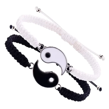1 Set of 2 Simple Tai Chi Bagua Black and White Yin and Yang Rope Braided Telescopic Adjustment Bracelet for Men and Women Coupl