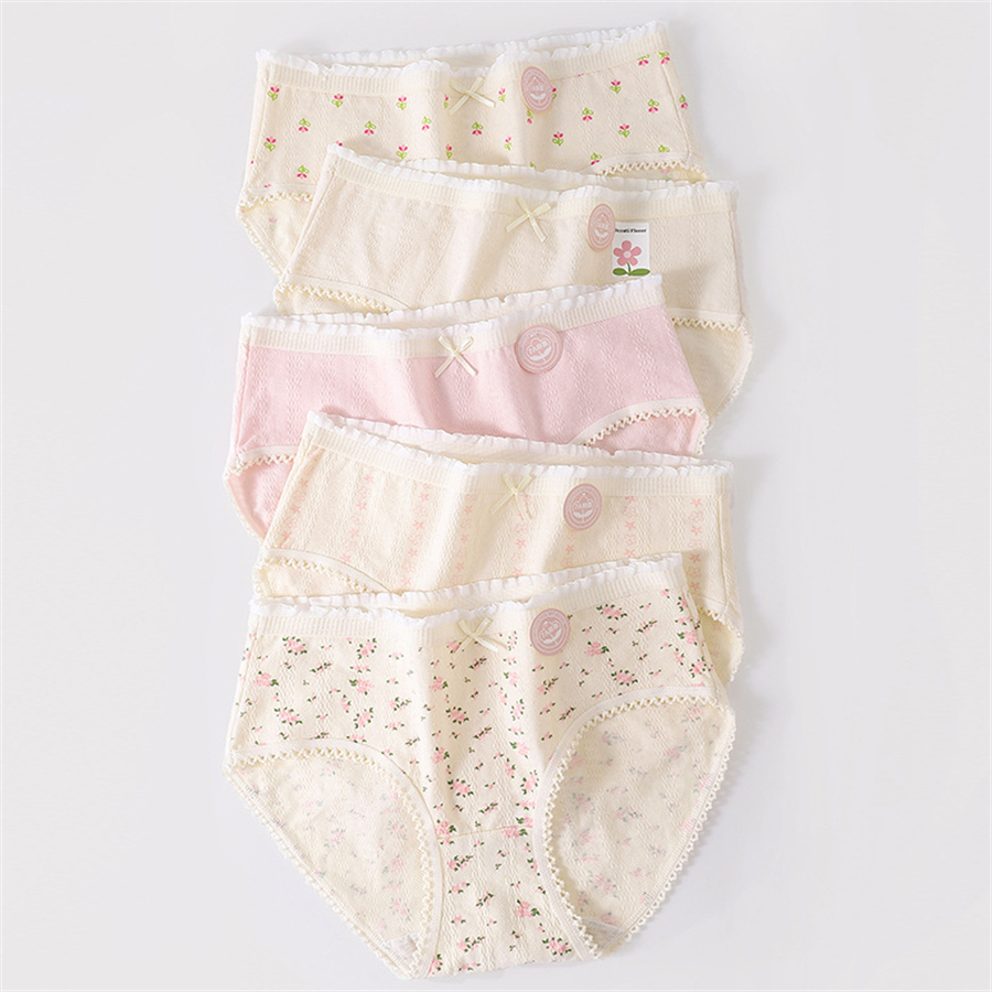5Pcs Cotton Cute Girls Panties Women's Underwear Print Soft Sexy Pantys Mid Waist Seamless Sexy Lace Shorts Female Underpants