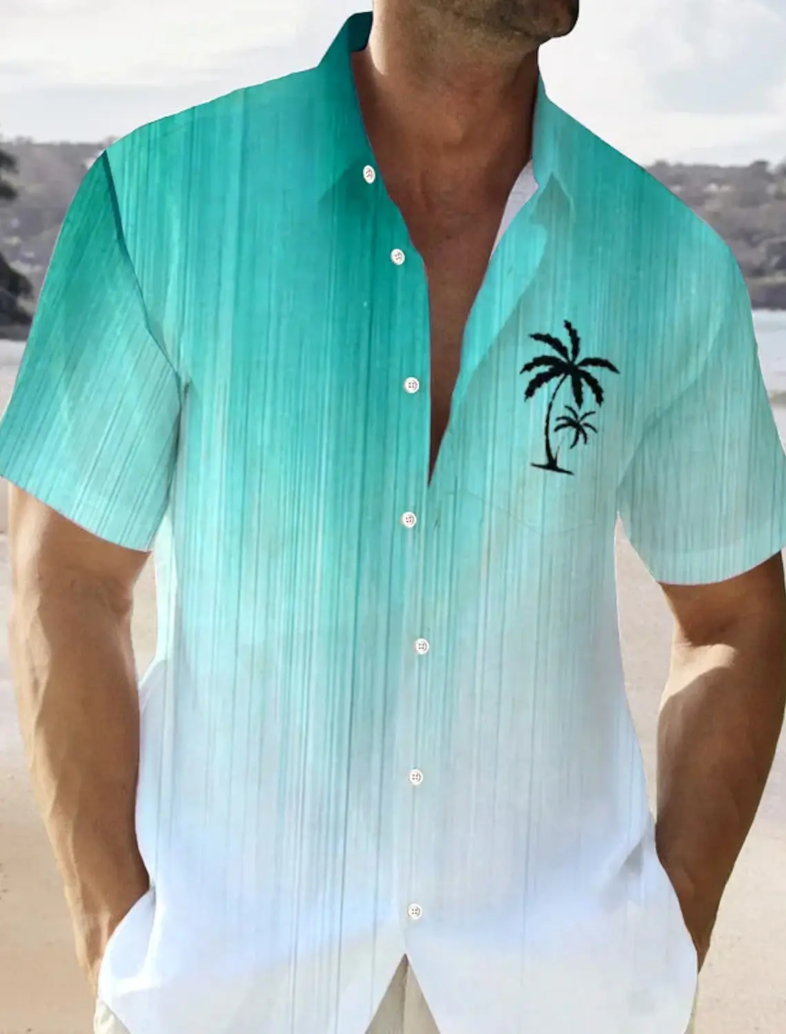 Color Gradient Palm Tree Men's Hawaiian Shirt 3D Printed Button Up Short Sleeve Tee Tops  Summer Vacation Daily Wear 3